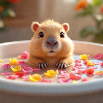 The primary subject of the image is a cute, small, brown and white hamster sitting in a bowl filled with water and pink flowers. The setting is a bathroom, with a sink visible in the background. The visual style is a digital art, illustration, or drawing, creating a whimsical and playful atmosphere. The colors are predominantly pink and white, with the flowers adding a touch of vibrancy to the scene.